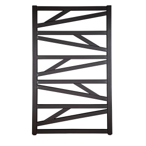 Grzejnik t.b.t. z ciemnego metalu o nowoczesnym, geometrycznym wzorze.