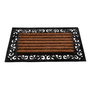 Wycieraczka z brązowym włosiem i czarną, ozdobną ramą.