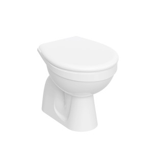 Białe kompaktowe WC t.b.t. z zamkniętą pokrywą.