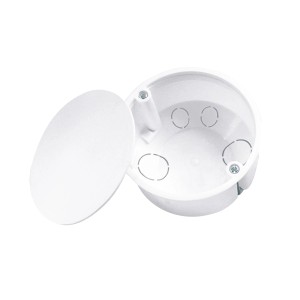 Biała puszka podtynkowa z pokrywką, widok szczegółowy.