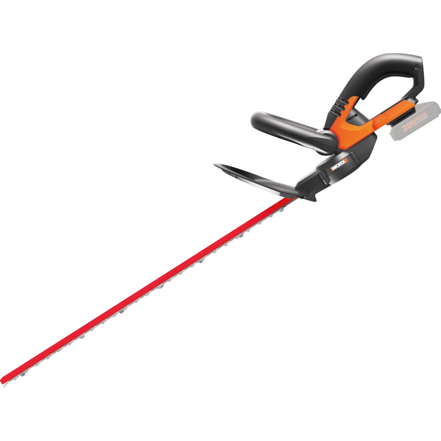 Akumulatorowe nożyce do żywopłotu Worx WG260E.9 PowerShare 20 V Solo z czerwonym ostrzem.