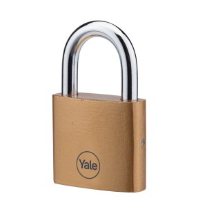 Mosiężny kłódka Yale ze srebrnym pałąkiem.