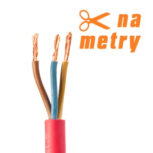 Czerwony przewód gumowy (na metry) z trzema żyłami w kolorze brązowym, niebieskim i żółtym.