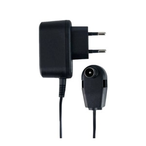 Czarny zasilacz z przyłączem antenowym do instalacji SAT.