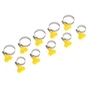 Zestaw 10 opasek zaciskowych do węży z żółtymi nakrętkami motylkowymi do łatwego mocowania węża.