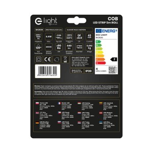 Opakowanie taśmy LED t.b.t. ze specyfikacją techniczną i klasą efektywności energetycznej.