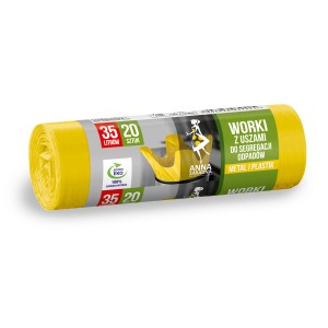 Żółta rolka worków na śmieci ze sznurkiem, 35 litrów, 20 sztuk, do metalu i plastiku.