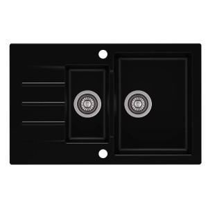 Czarny zlewozmywak granitowy t.b.t. z dwoma komorami i ociekaczem.