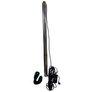 Srebrna pompa elektryczna z kablem i akcesoriami do instalacji wodnych.