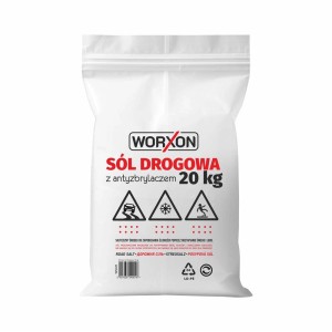 Worek soli drogowej Worxon 20 kg do zwalczania lodu i śniegu na chodnikach.