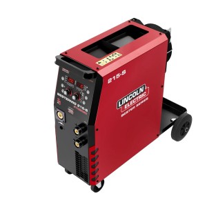 Czerwona spawarka t.b.t. z panelem sterowania i kołami.