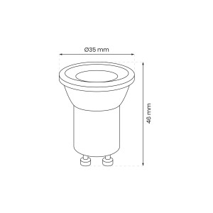 Rysunek techniczny żarówki LED GU10 z wymiarami (średnica 35mm, wysokość 46mm).