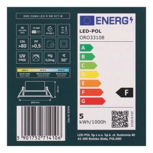 Opakowanie oprawy do wbudowania LED t.b.t. z danymi technicznymi i klasą efektywności energetycznej.