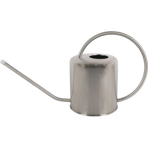 Nowoczesna, srebrna konewka metalowa z długim dzióbkiem i okrągłym uchwytem.