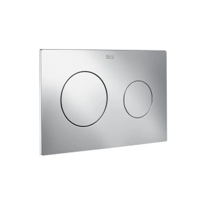 Chromowany przycisk spłukujący do WC z dwoma okrągłymi przyciskami.