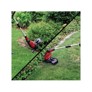 Zestaw elektrycznego podkaszarki Einhell GC-ET 4530 podczas przycinania krawędzi trawnika i pod krzewami.