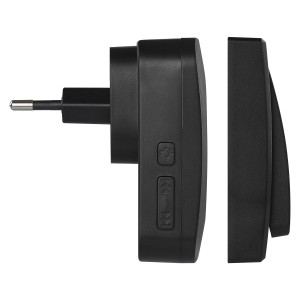 Czarny bezprzewodowy dzwonek t.b.t. z odbiornikiem do gniazdka i oddzielnym przyciskiem dzwonka.