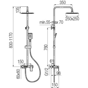 Rysunek techniczny kolumny prysznicowej t.b.t. z wymiarami.