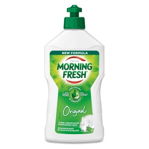 Płyn do naczyń Morning Fresh Original w białej butelce z zieloną nakrętką.