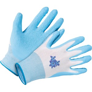 Niebieskie rękawice ogrodowe LUX, rozmiar 8, z powłoką lateksową i kwiatowym nadrukiem.