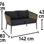 Wymiary zestawu mebli ogrodowych t.b.t.: wysokość 76 cm, wysokość siedziska 43 cm, szerokość 142 cm, głębokość 83 cm.