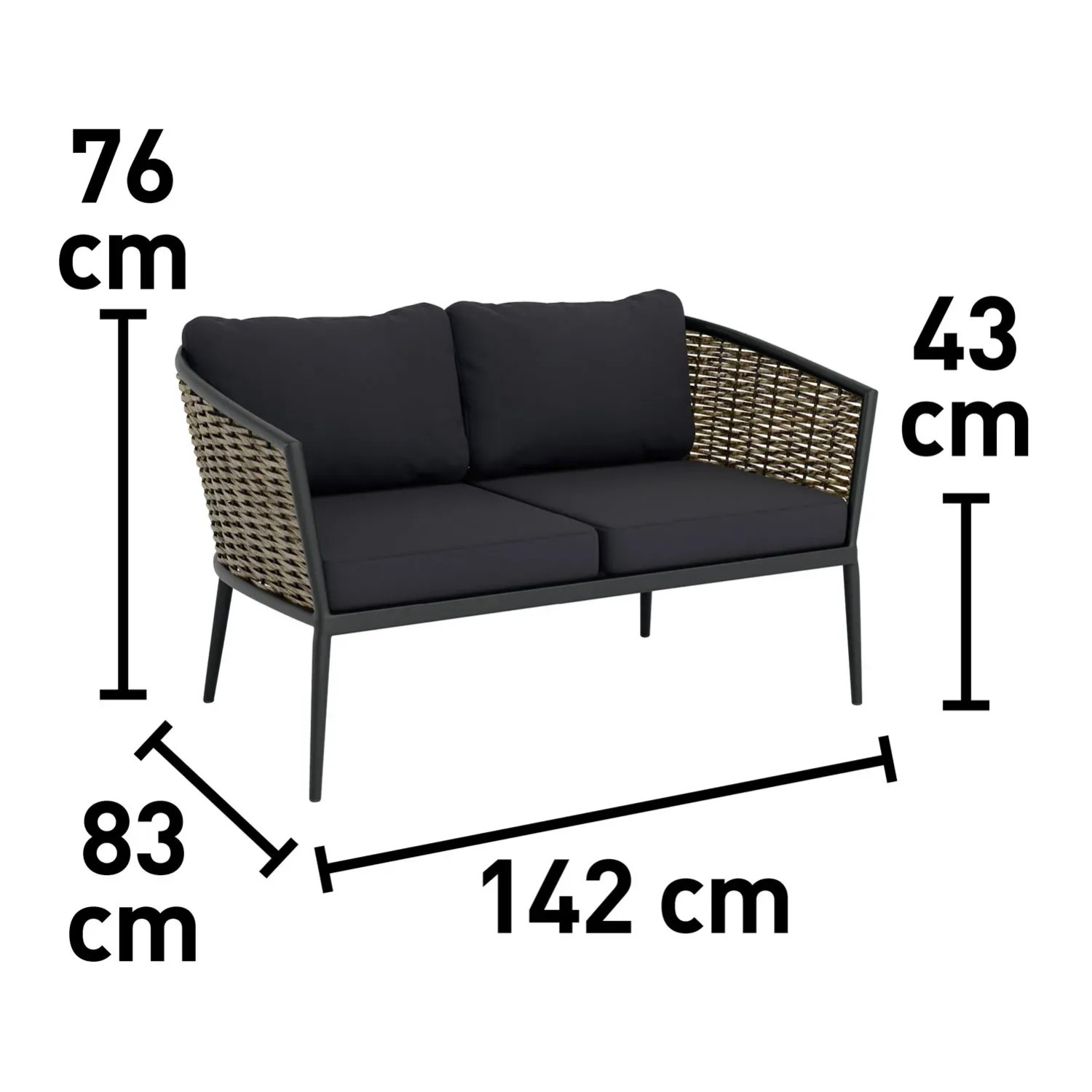 Wymiary zestawu mebli ogrodowych t.b.t.: wysokość 76 cm, wysokość siedziska 43 cm, szerokość 142 cm, głębokość 83 cm.