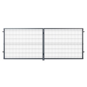 Metalowa brama ogrodzeniowa, siatka druciana, szara rama. Dla bezpiecznego ogrodzenia posesji.