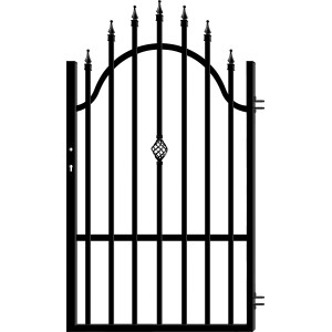 Czarna metalowa furtka t.b.t. do ogrodzeń ogrodowych, z ozdobnymi grotami i elementem dekoracyjnym.