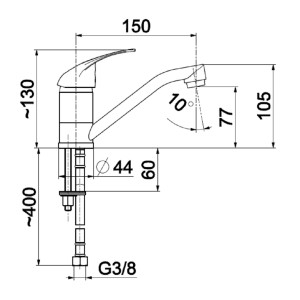Rysunek techniczny baterii umywalkowej t.b.t. z wymiarami.