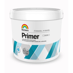 Wiadro z farbą podkładową t.b.t. firmy Beckers, odpowiednie do farb ceramicznych i lateksowych.