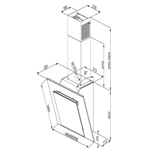 Rysunek techniczny okapu ściennego t.b.t. z wymiarami.
