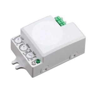 Biały czujnik ruchu z pokrętłami regulacyjnymi dla lux, sens i czasu.