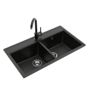 Czarny zlewozmywak granitowy t.b.t. z dwoma komorami i baterią.