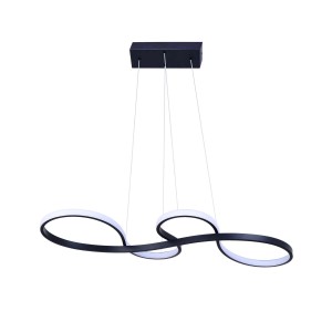 Nowoczesna czarna lampa wisząca LED o zakrzywionym kształcie do jadalni i salonu.