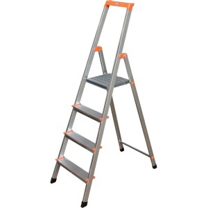 Krause Solidy drabina schodkowa z 4 stopniami, pałąkiem zabezpieczającym i półką na drobne elementy.