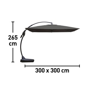 Antracytowy parasol wiszący Peoria, 300x300 cm, z korbą i bocznym masztem.
