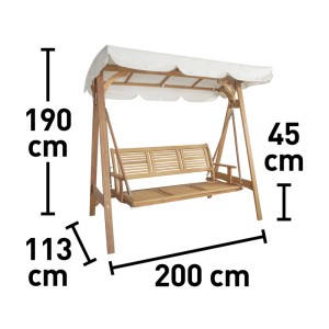 Wymiary huśtawki ogrodowej t.b.t.: 190x200x113 cm. Wysokość siedziska 45 cm.