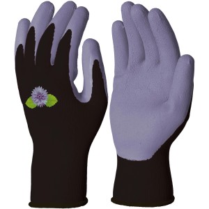 Rękawice ogrodowe t.b.t., czarno-fioletowe, z motywem kwiatowym.