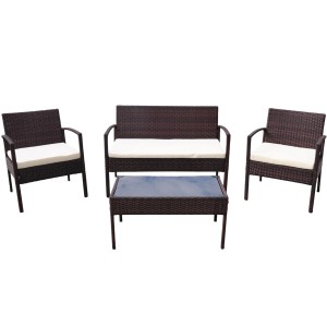 Brązowy zestaw mebli ogrodowych z sofą, dwoma fotelami i stołem. Idealny na taras i do ogrodu.