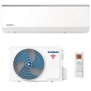 Klimatyzator Kaisai: Jednostka wewnętrzna, jednostka zewnętrzna i pilot w kolorze białym.