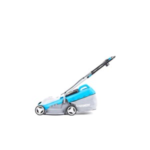 Kosiarka Handy, niebiesko-szara, widok z boku. Elektryczna kosiarka do ogrodu.