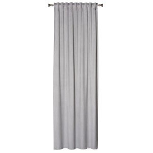 Szara zasłona z taśmą marszczącą na karnisz.