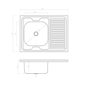Rysunek techniczny: Zlewozmywak ze stali nierdzewnej z ociekaczem i wymiarami.