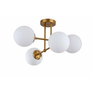 Nowoczesna lampa sufitowa z czterema białymi kulami i złotą ramą.