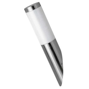 Nowoczesny kinkiet zewnętrzny t.b.t. ze stali nierdzewnej i białego tworzywa sztucznego.