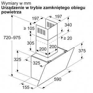 Rysunek techniczny okapu ściennego t.b.t. z wymiarami.