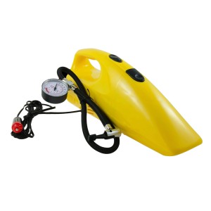 Żółty odkurzacz samochodowy t.b.t. z manometrem i złączem 12V do pielęgnacji samochodu.