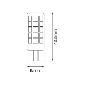 Rysunek techniczny żarówki LED G4 z wymiarami (wysokość 43,3 mm, szerokość 15 mm).