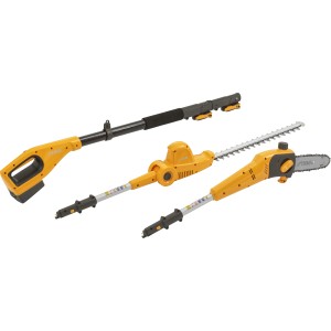 Akumulatorowe narzędzie wielofunkcyjne Stiga MT 100e z przystawką do żywopłotu i piłą do gałęzi, akumulatorem i ładowarką.