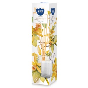 t.b.t. Świeca zapachowa o zapachu wanilii w szklanej butelce z drewnianymi patyczkami.